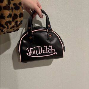 Vintage Y2K Von Dutch Leather Mini Bowler Bag Black and Pink